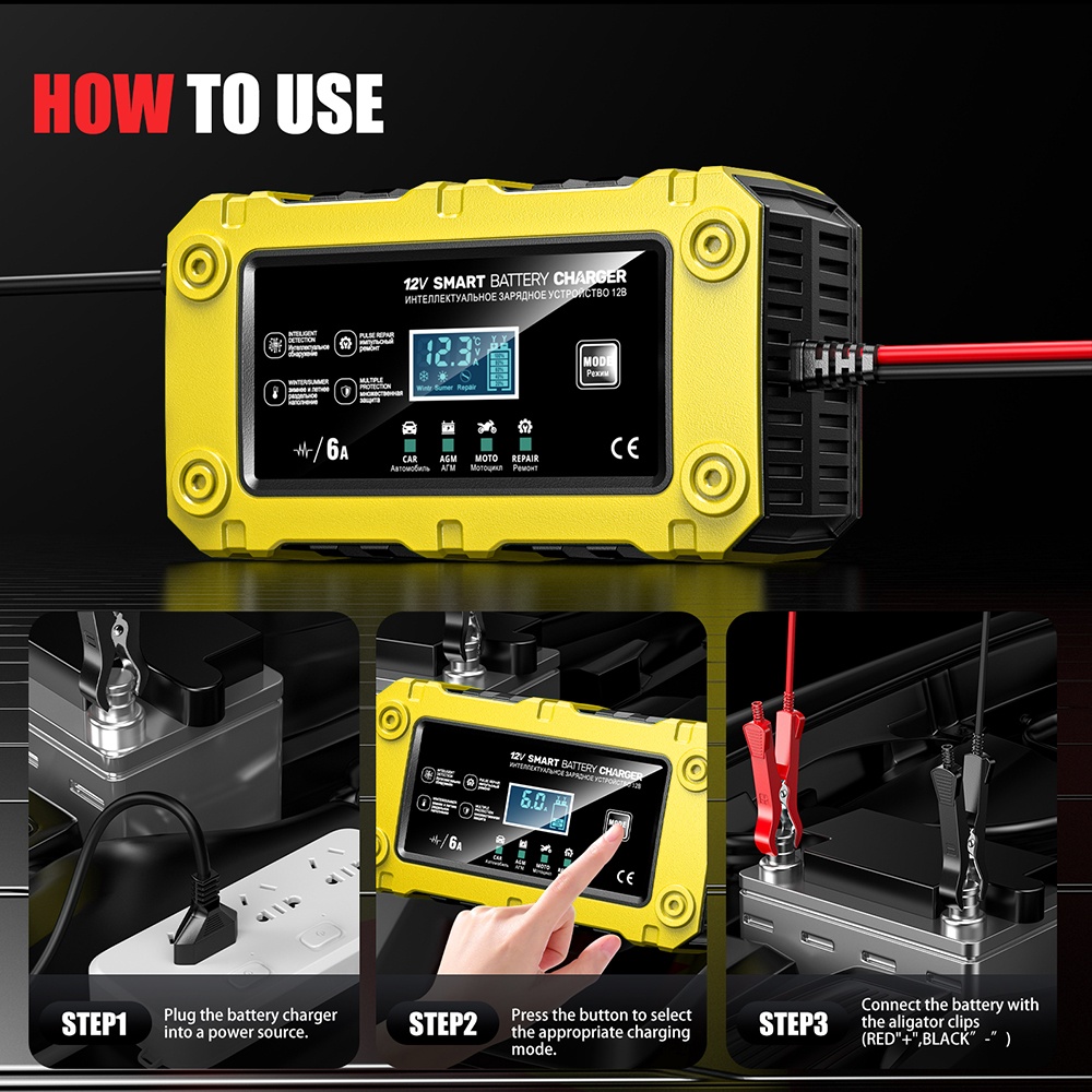 Incarcator Inteligent Baterie Auto/Moto Techstar 12V 6A BC-1206, LCD, Repair, AGM/GEL/WET/EFB/LiFePO4 Galben - imagine 19