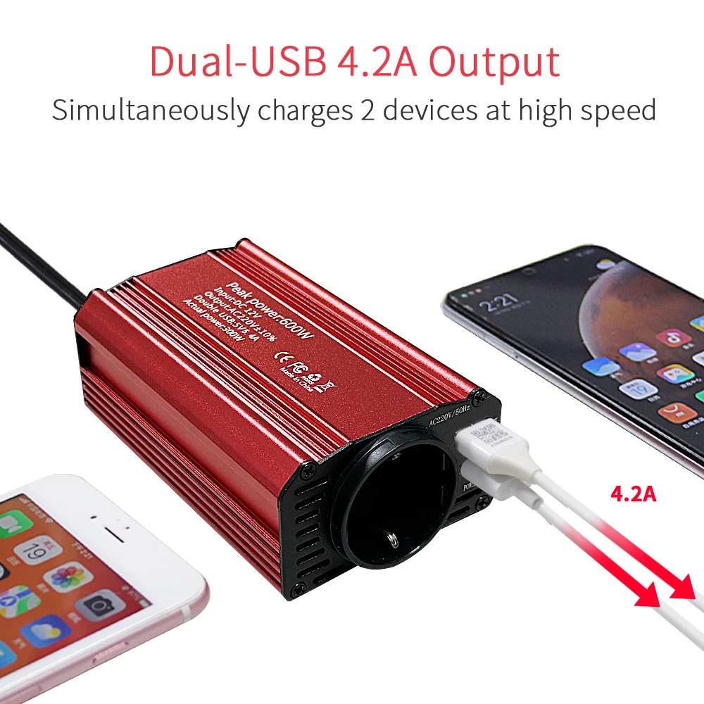 Invertor auto 300W 12V-220V cu USB-C PD 65W si USB QC3.0, convertor tensiune pentru laptop, telefon, tableta, camera, aparate mici, camping si calatorii - 3 | YEO