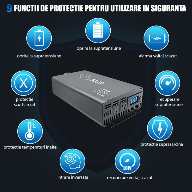 Poze Invertor de putere cu undă sinusoidală pură Techstar®, DC 24V la AC 220V, Afișaj LCD, 1000w, Pretabil Rulota, Autorulota, Camper, Barca, Casa independenta, Testat Osciloscop