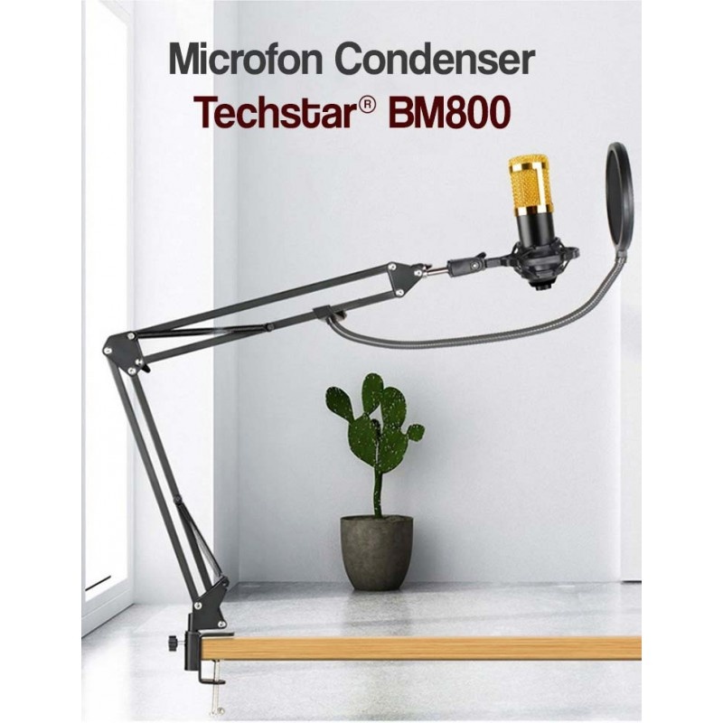 Microfon Profesional de Studio, Techstar® BM800 Condenser, Stand Inclus pentru Inregistrare Vocala, Streaming, Gaming, Podcast, Vlog, Gold - 3 | YEO