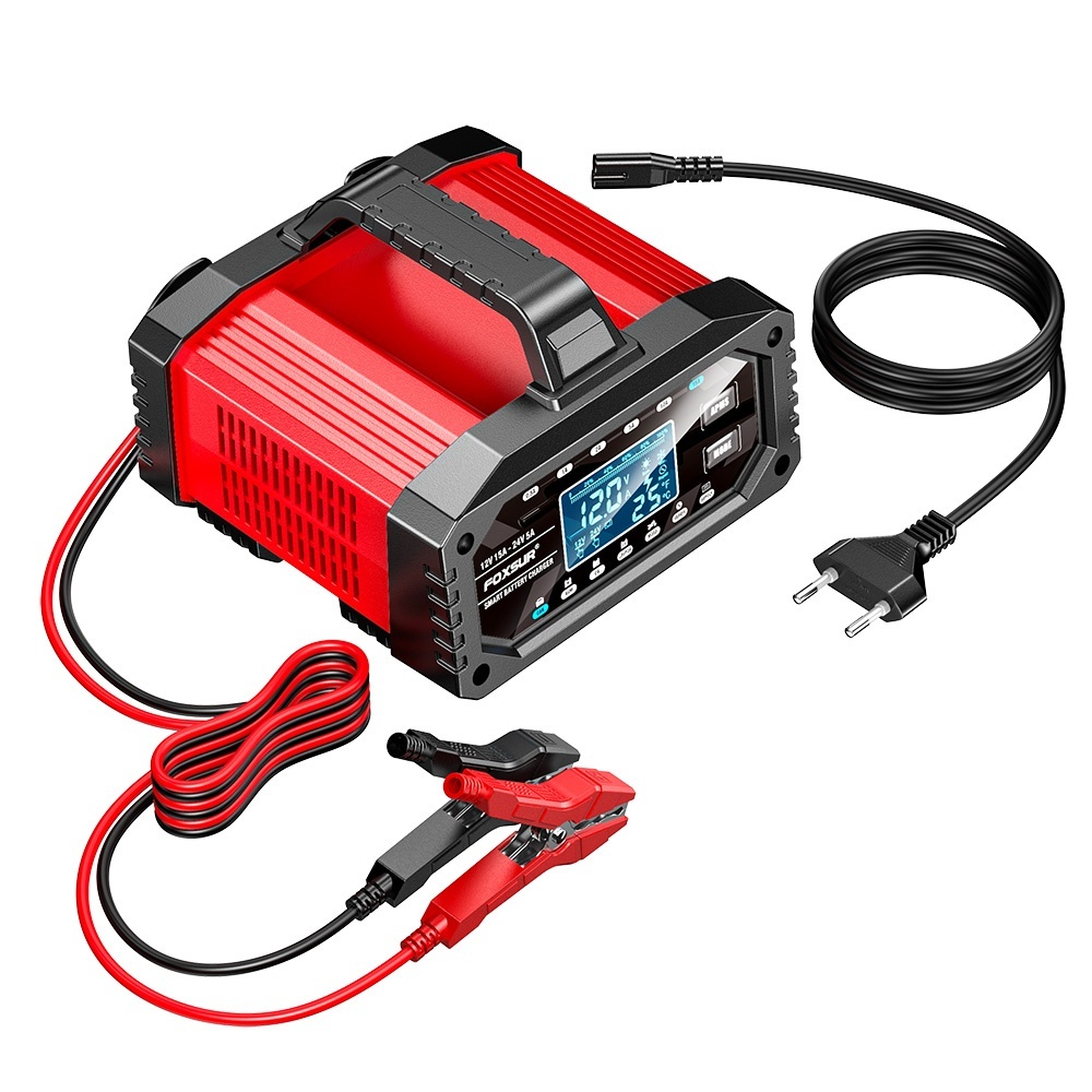 Redresor incarcator inteligent baterii auto FOXSUR 12V 15A / 24V 5A cu afisaj LCD, mod reparare, curent reglabil si 10 trepte incarcare pentru baterii plumb-acid, AGM, GEL, EFB, LiFePO4, auto si moto - 2 | YEO