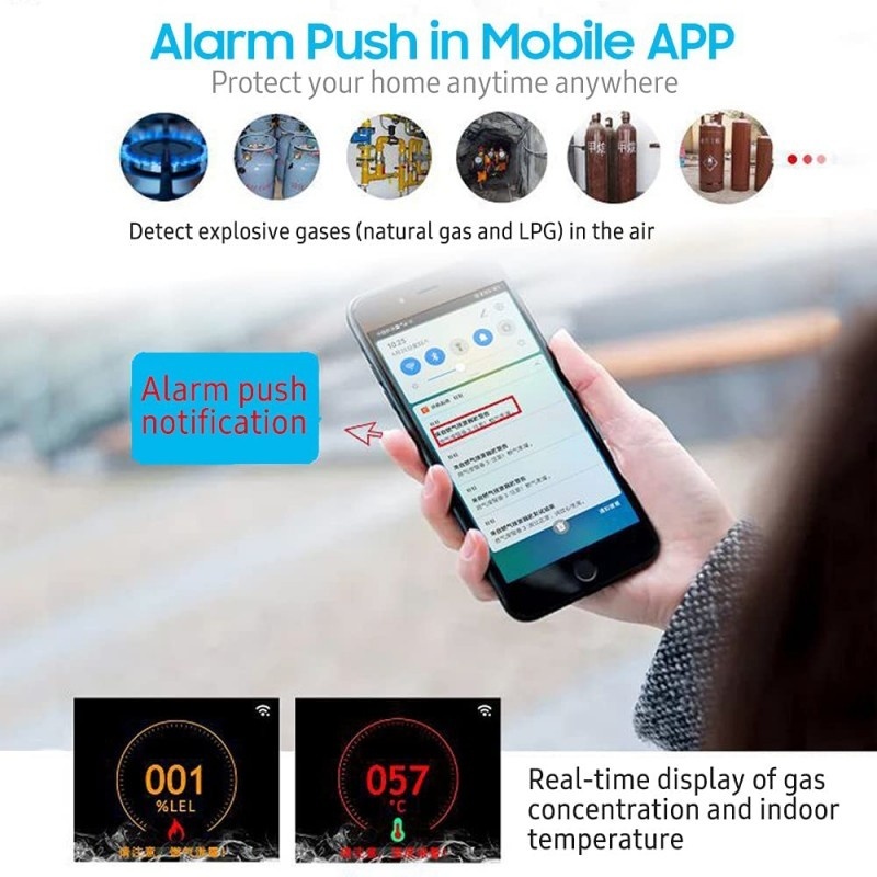 Resigilat Detector de scurgeri de gaz si alarma de incendiu Techstar®, Wi-Fi, 200mA, Afisaj LCD, Control APP Smart Life, Notificari Push, Alb - 1 | YEO