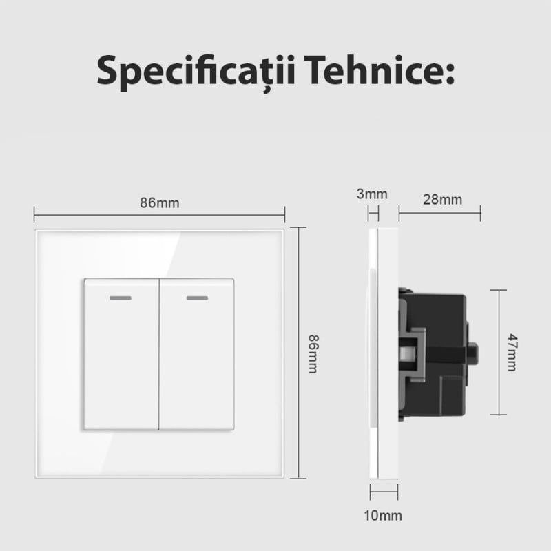 Resigilat Intrerupator Dublu Cap Scara Cu Panou Din Sticla Securizata Techstar® TGS 01, 220V, 16A, 86 X 86 Mm, Alb, cu 2 Module - 1 | YEO