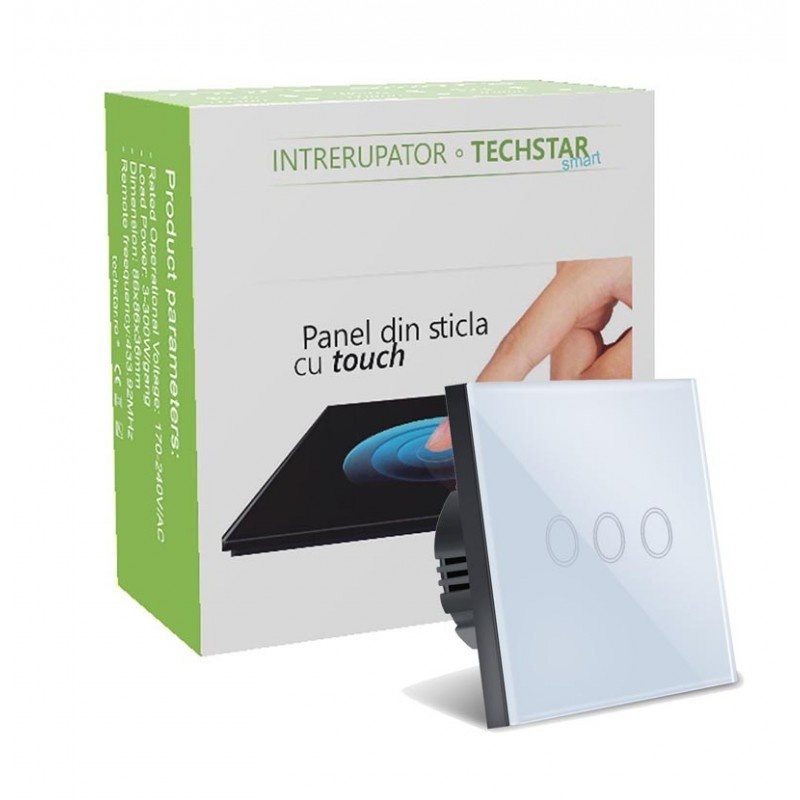 Resigilat Intrerupator Touch Techstar®, Sticla Securizata, Design Modern, Iluminare LED, 3 Faze, Alb - 2 | YEO