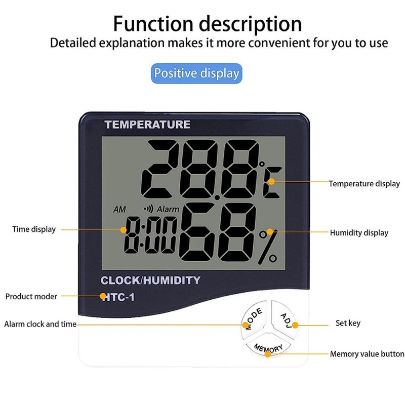 Termometru si higrometru digital de camera Techstar® HTC-1, afisare Ora, Temperatura, Umiditate, Alb - 3 | YEO