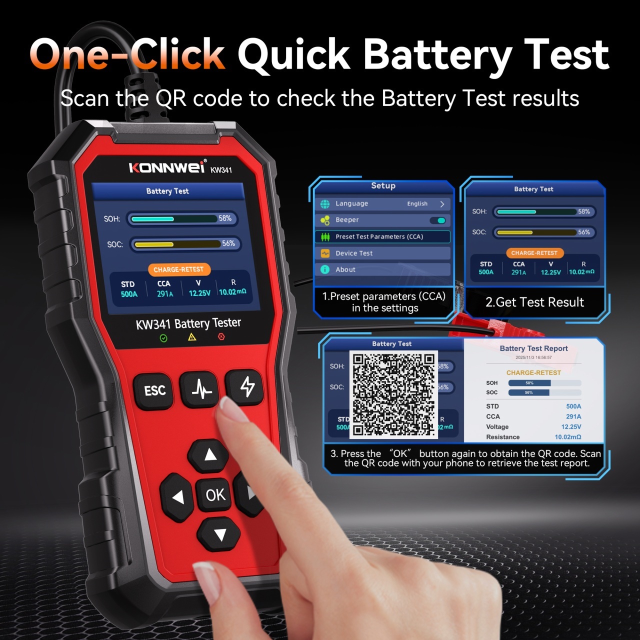 Tester baterie auto KONNWEI KW341 6V 12V 24V, CCA 10–2000, SOH SOC, test alternator si pornire, AGM EFB GEL Litiu, waveform, raport QR - imagine 3