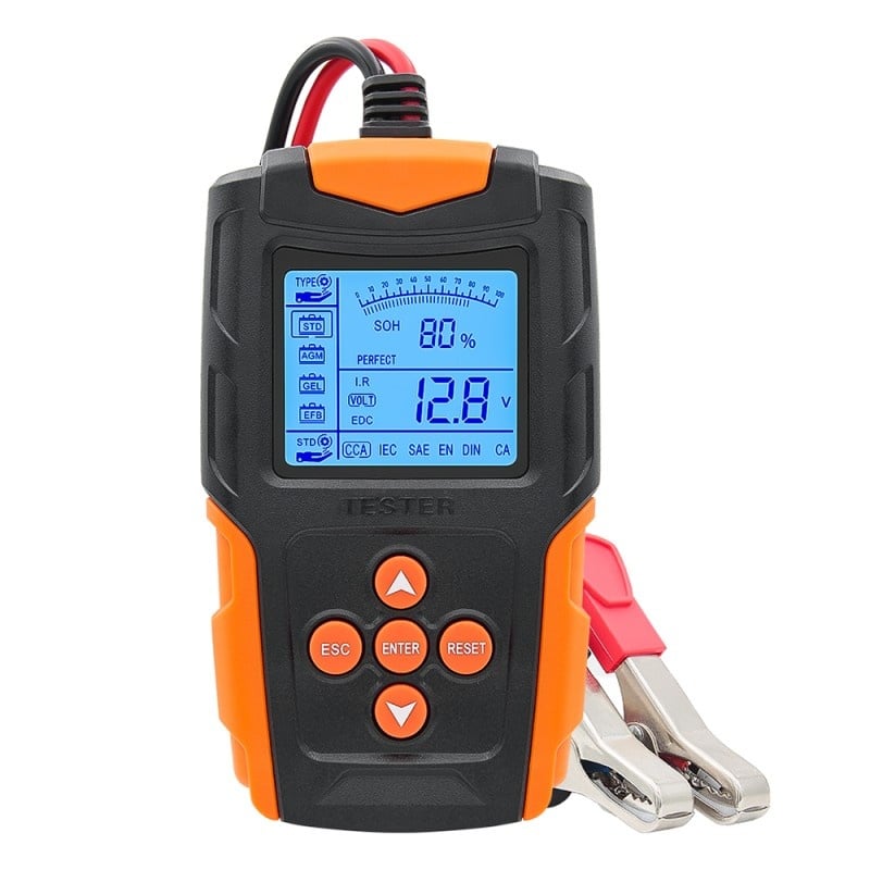 Tester de baterie auto Techstar® FBT-200, 12V/24V, 100-2000 CCA, 3Ah - 200Ah, analizor digital baterie pentru masini, camioane, motociclete, SUV-uri, barci, Negru/Orange