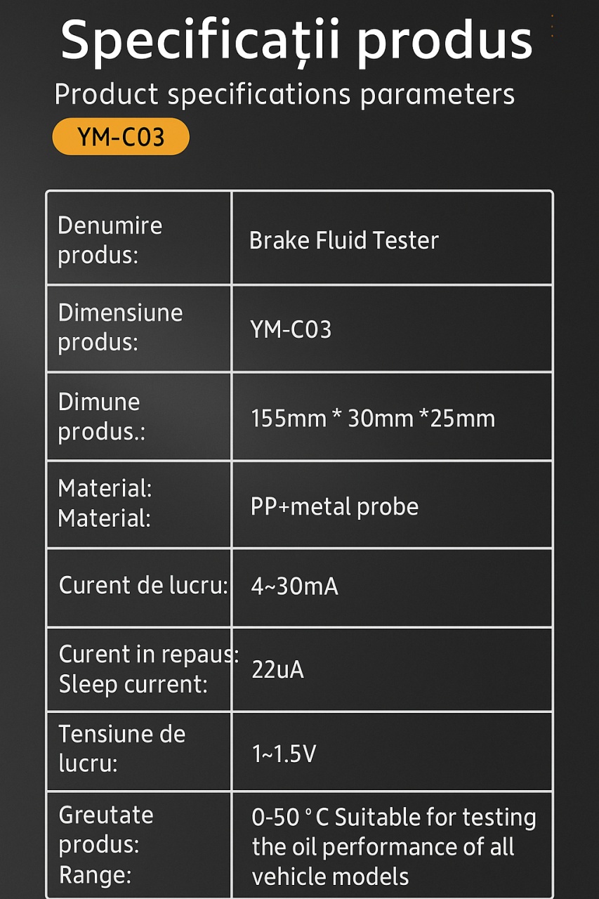 Tester lichid de frana digital Techstar® YM-C03, afisaj LCD, alarma sonora, cu sonda metalica si display LEDDOT3/4/5.1