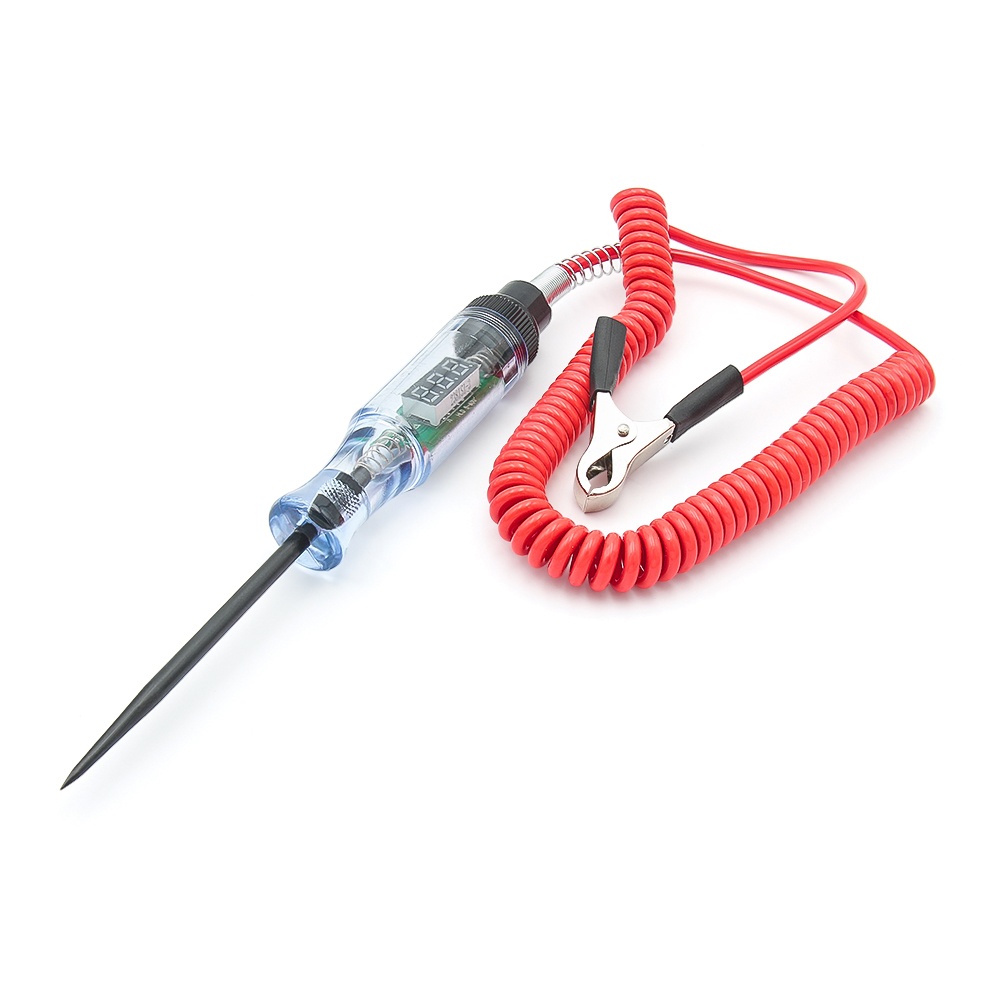 Tester tensiune auto 6–24V DC cu afisaj digital, cablu spiralat rosu, sonda metalica subtire, clema crocodil – verificare baterie, sigurante, conectori - 3 | YEO
