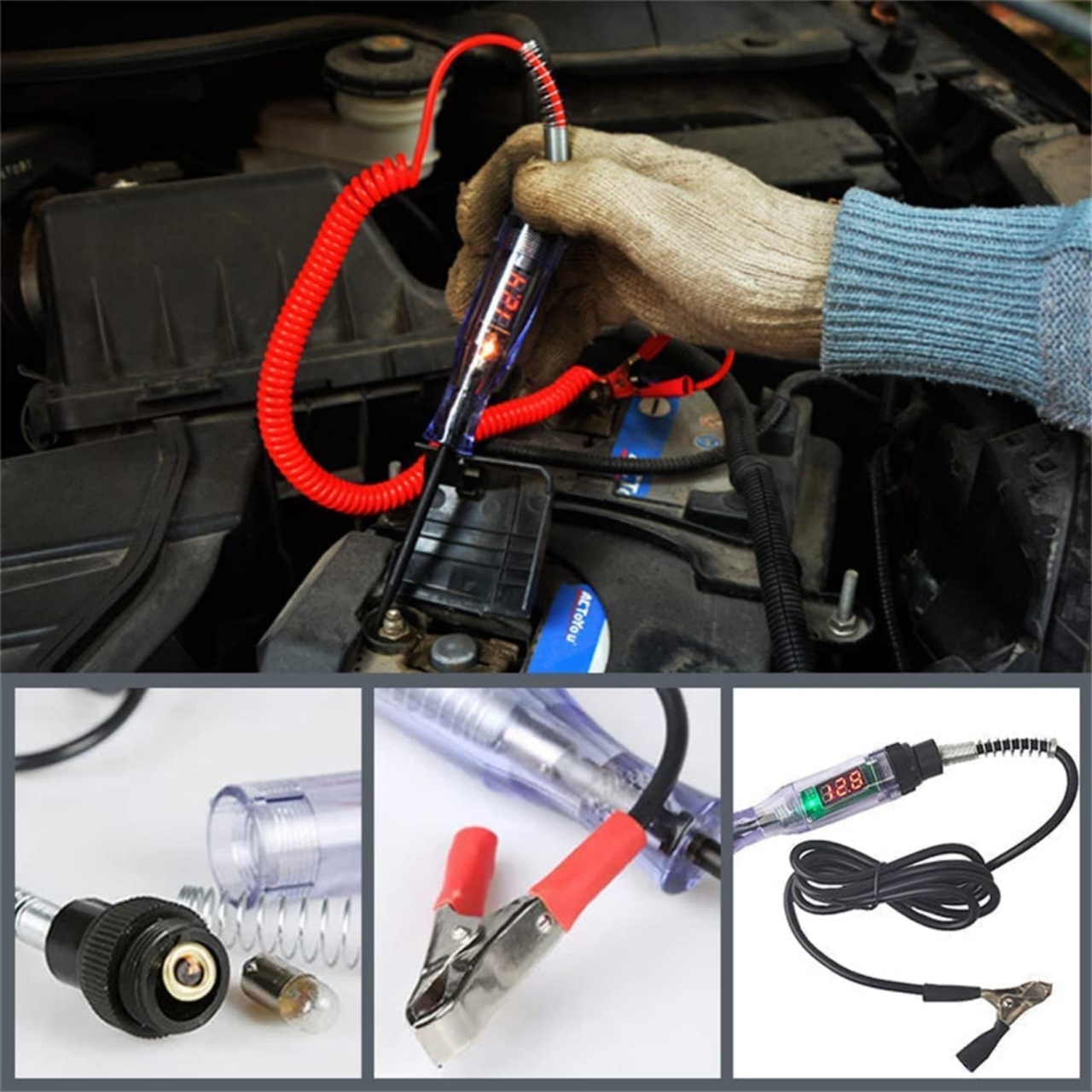 Tester tensiune auto 6–24V DC cu afisaj digital, cablu spiralat rosu, sonda metalica subtire, clema crocodil – verificare baterie, sigurante, conectori