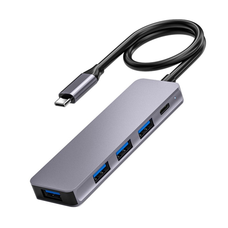 Adaptor Hub Multifunctional 5 In 1 Techstar® ZFZ5IN1B, USB-C, 1 X USB 3.0, 3 X USB 2.0, PD Port, Compatibil PC, Memorie USB, HDD Extern, Argintiu