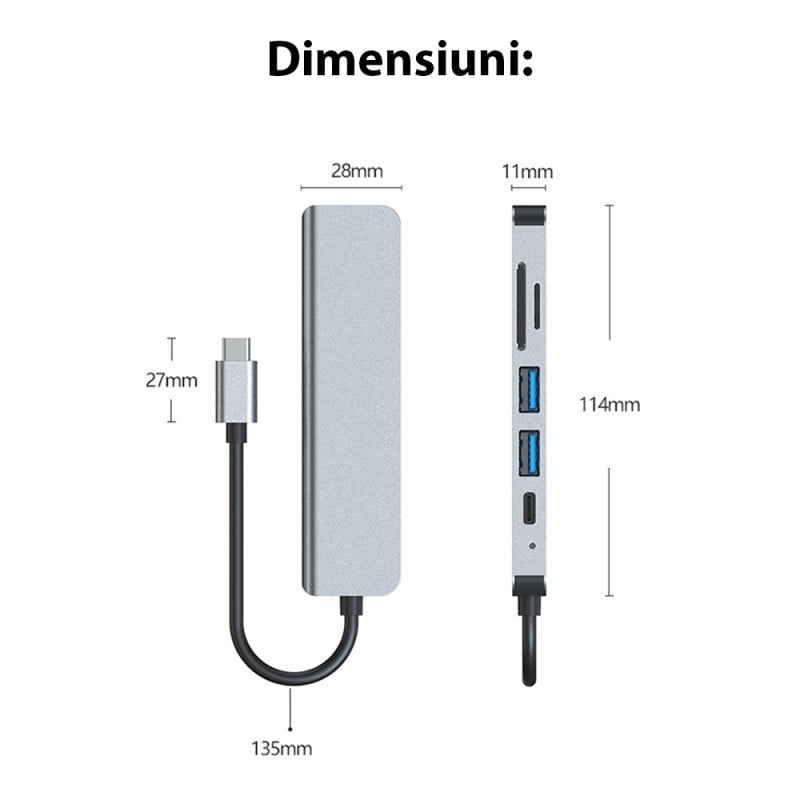 Adaptor Hub multifunctional 6 in 1 Techstar® DJ6IN1, HDMI 4K, USB-C, 1 x USB 3.0, 1 x USB 2.0, Cititor de carduri SD/TF, Aliaj de Aluminiu, Argintiu - 3 | YEO