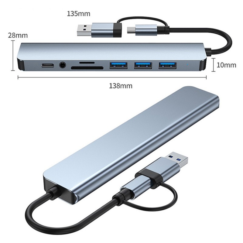 Adaptor Hub Multifunctional 8 In 2 Techstar® CYC8IN2, USB-C, 2 X USB 3.0, 3 X USB 2.0, AUX 3.5 mm, Cititor De Carduri SD/TF, Argintiu - 3 | YEO