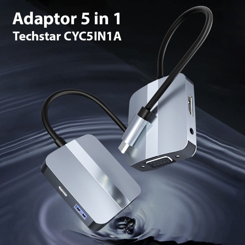 Adaptor multifunctional 5 in 1 USB-C la HDMI Techstar® CYC5IN1A, HDMI 4K, VGA 1080P, 1 x USB 3.0, AUX 3.5 mm, PD Port, Gri - 1 | YEO