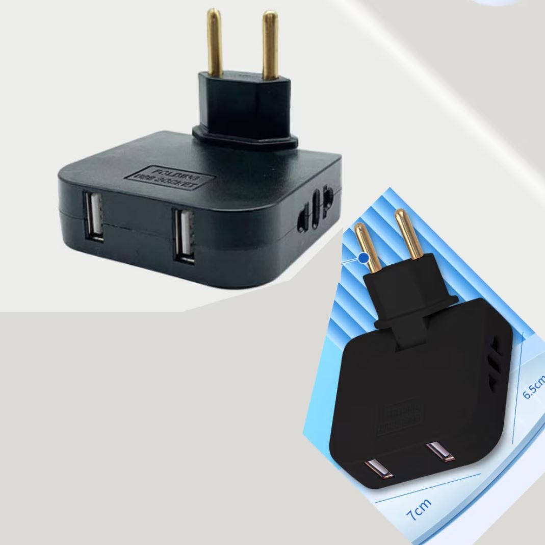 Adaptor Triplu Rotativ 180° cu 2 Prize și 2 Porturi USB Techstar®, 2500W, Negru - Ideal pentru Spatii Inguste - 1 | YEO