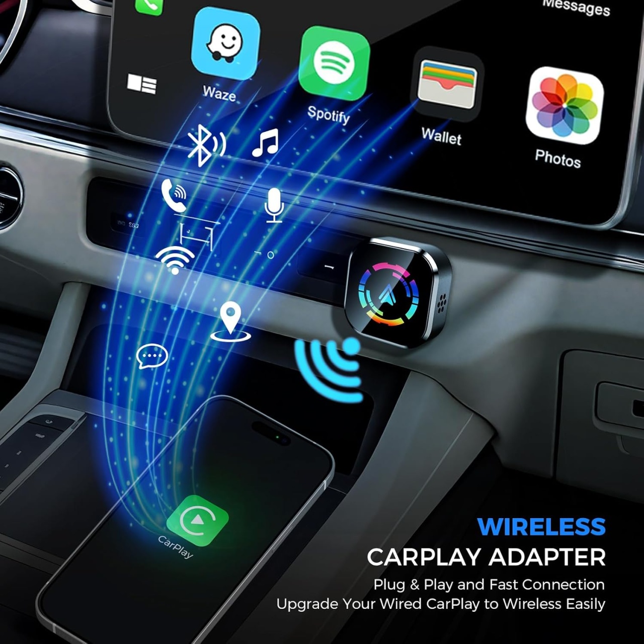 Adaptor Wireless Apple CarPlay & Android Auto 2-in-1 Techstar M17+, USB/USBC Plug & Play, Wi-Fi 5.8GHz + Bluetooth, Mini Compact, Conectare Automata, Sticla LED - imagine 10