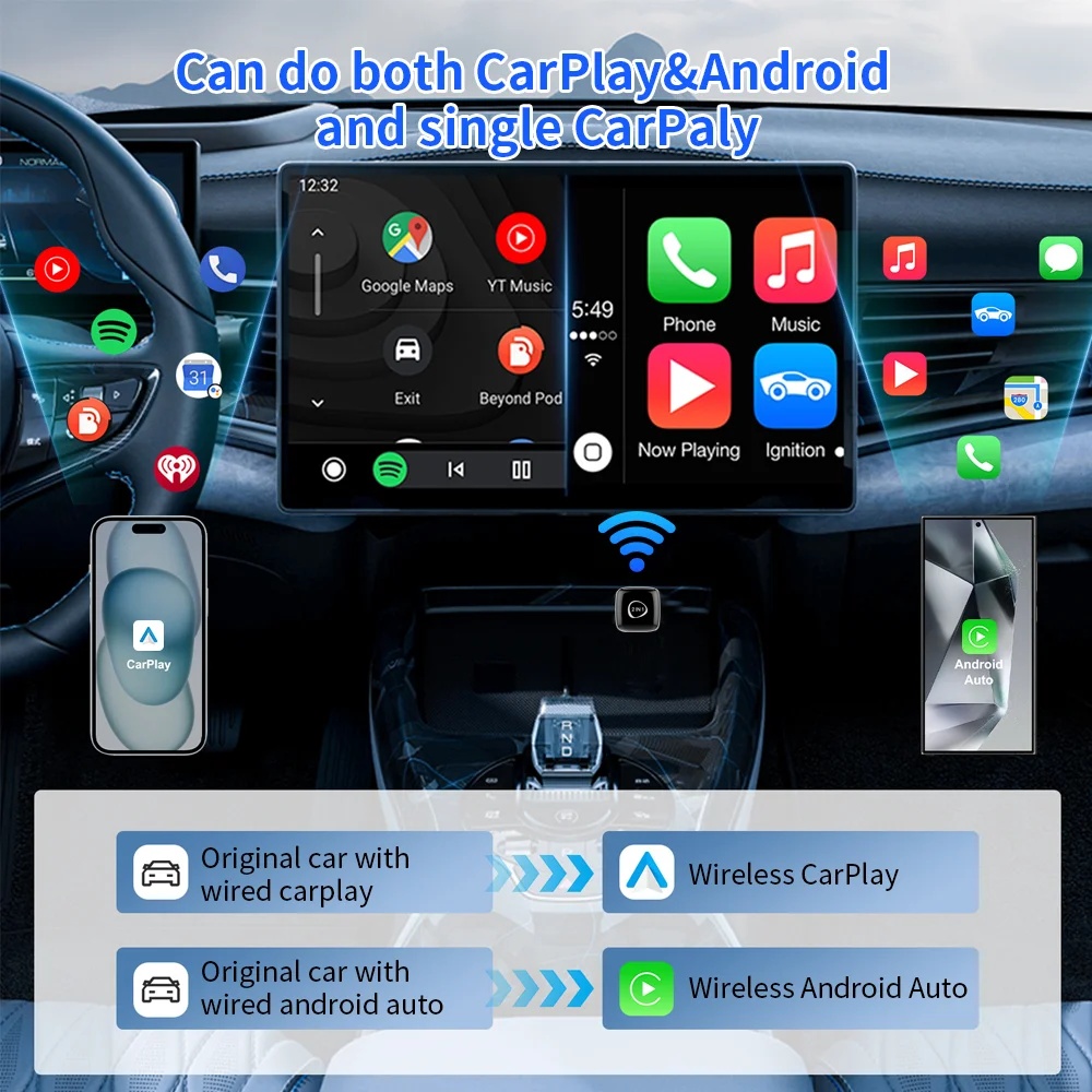 Adaptor Wireless CarPlay & Android Auto Techstar M5 2 in 1, USB Mini, BT + Wi-Fi 5GHz, Buton Comutare/Reset, Reconectare Automata, Plug & Play - imagine 7