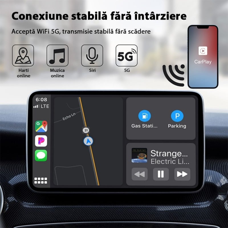 Adaptor Wireless Techstar® CTHT-020-2 Pentru Apple CarPlay Si iPhone iOS 10+, Dongle USB-Type C , WiFi 5G, Bluetooth, Conectare Automata, Negru - 3 | YEO