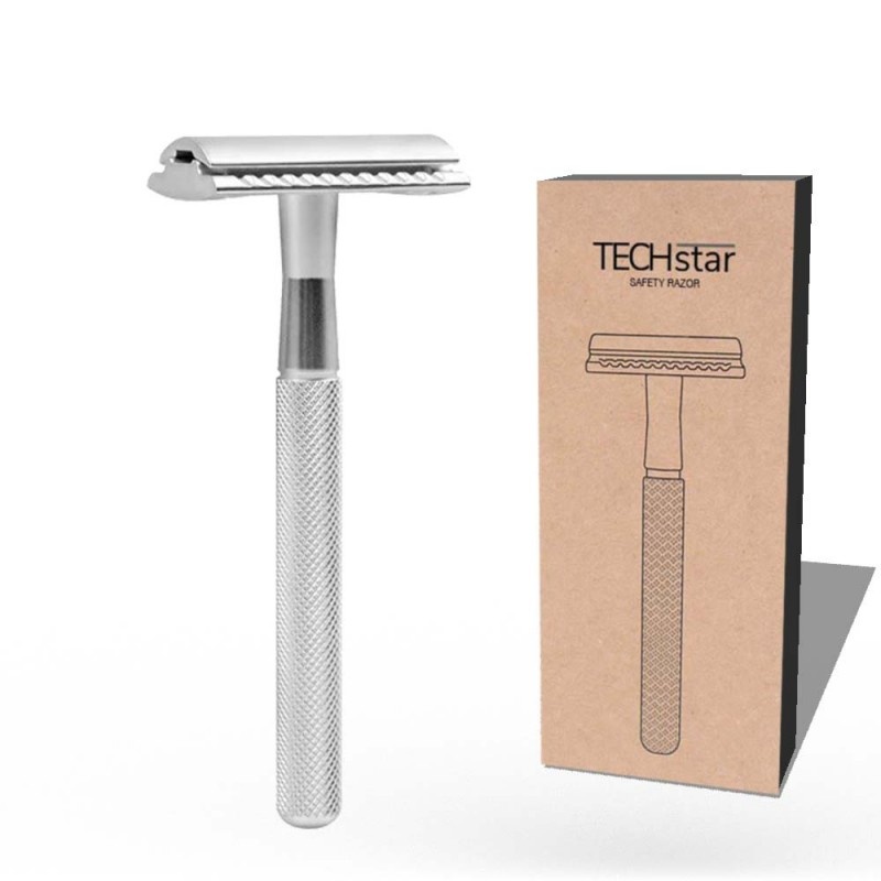 Aparat de ras Classic Safety Razor Techstar® SR1, Aliaj de Zinc, Cu Lame De Rezerva, Reutilizabil, Ecologic, Argintiu - 2 | YEO