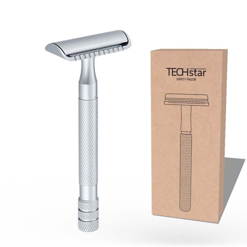 Aparat de ras Classic Safety Razor Techstar® SR10, Aliaj de Zinc, Cu Lame De Rezerva, Reutilizabil, Ecologic, Argintiu - 2 | YEO