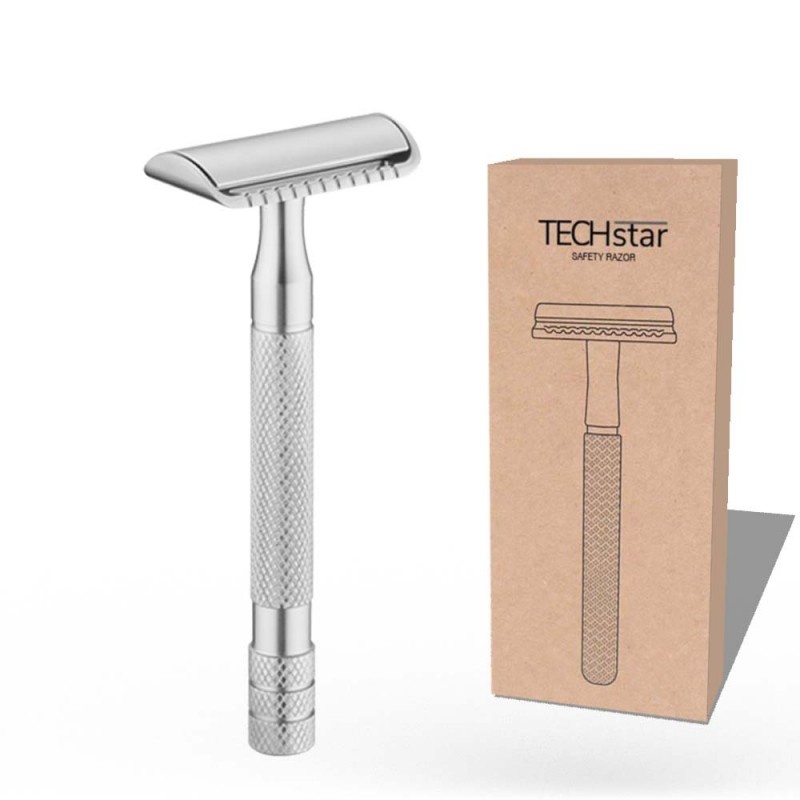 Aparat de ras Classic Safety Razor Techstar® SR2, Aliaj de Zinc, Cu Lame De Rezerva, Reutilizabil, Ecologic, Argintiu - 2 | YEO