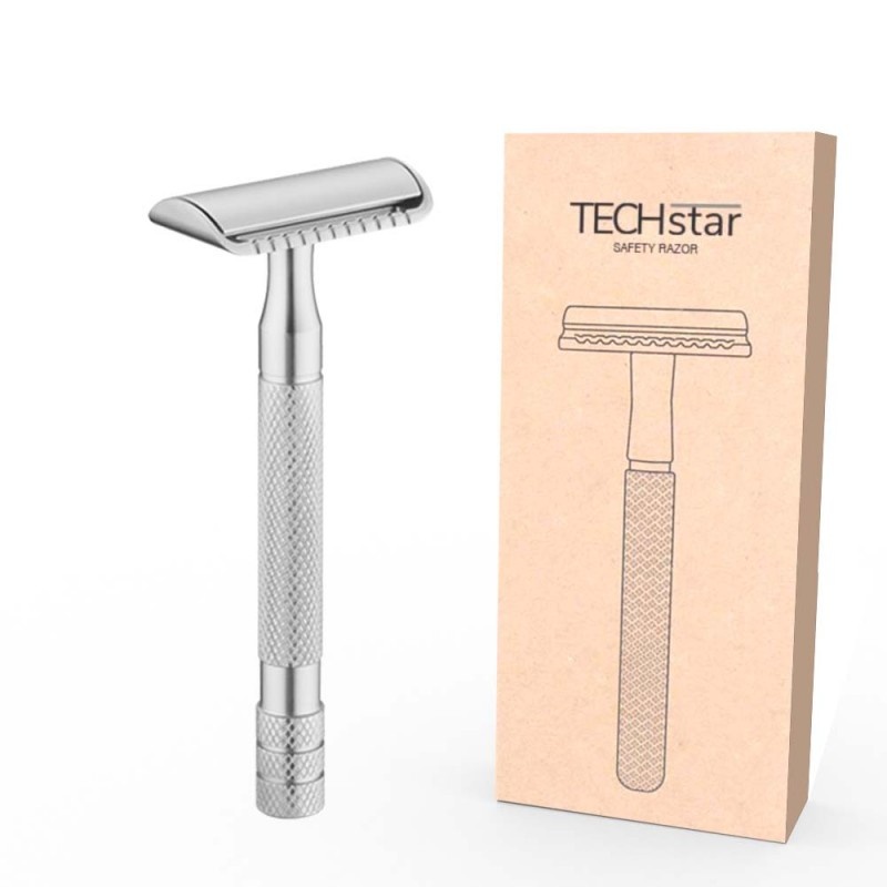 Aparat de ras Classic Safety Razor Techstar® SR2, Aliaj de Zinc, Cu Lame De Rezerva, Reutilizabil, Ecologic, Argintiu - 3 | YEO