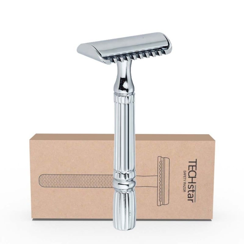 Aparat de ras Classic Safety Razor Techstar® SR9, Aliaj de Zinc, Cu Lame De Rezerva, Reutilizabil, Ecologic, Argintiu - 1 | YEO