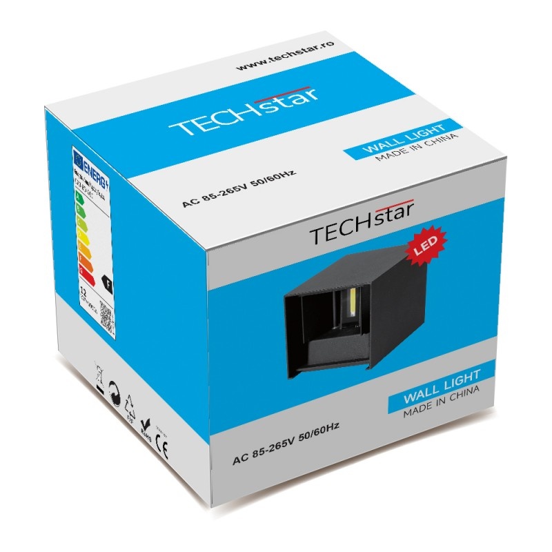 Aplica LED De Perete Interior/Exterior Techstar®, Putere 6W, Culoare Lumina 4000K, 600 Lm, 10x10 Cm, IP 65, Negru Techstar 
