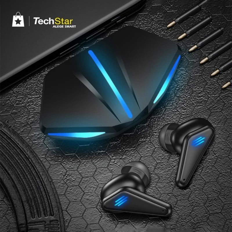 Casti Bluetooth pentru Gaming Techstar® K55, Bluetooth 5.0, Microfon, Control prin atingere, Indicator LED, Rezistente la apa, potrivite pentru jocuri video/fitness/birou, Carcasa Magnetica, Negru - 2 | YEO