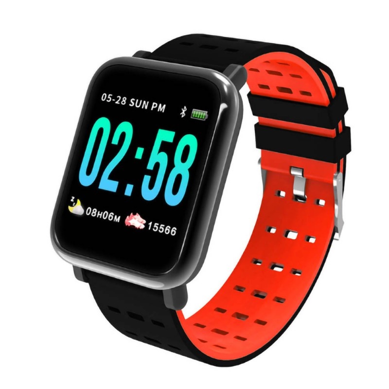 Ceas Smartwatch Techstar® A6, 1.3inch, Bluetooth 4.0, Monitorizare Tensiune, Puls, Oxigenare Sange, Alerte Sedentarism, Rosu