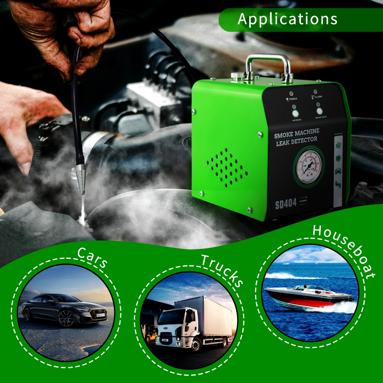 Detector de Scurgeri cu Aer si Fum EVAP Techstar® SD404, cu Manomentru, Protectie la Supraincalzire si Indicator de Presiune, Profesional, Negru/Verde - 1 | YEO