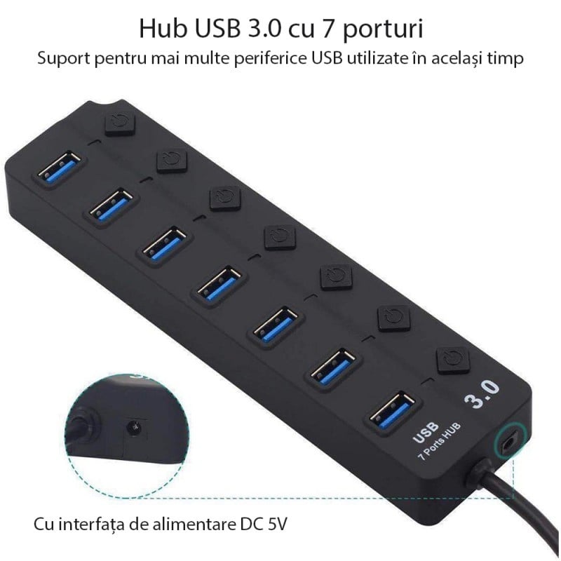 Hub USB cu 7 porturi Techstar® HUBA2402, 1 x USB 3.0, 6 x USB 2.0, indicator LED pentru putere, comutator independent, Negru - 1 | YEO