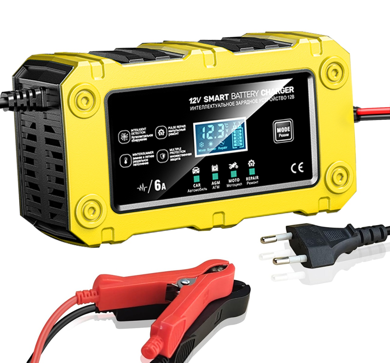 Incarcator Inteligent Baterie Auto/Moto Techstar 12V 6A BC-1206, LCD, Repair, AGM/GEL/WET/EFB/LiFePO4 Galben - imagine 7