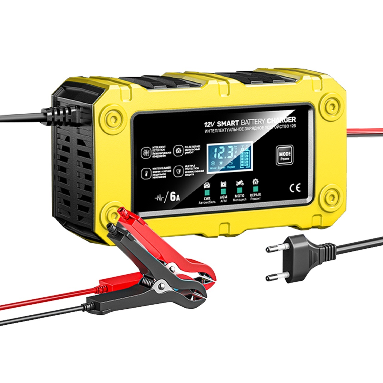 Incarcator Inteligent Baterie Auto/Moto Techstar 12V 6A BC-1206, LCD, Repair, AGM/GEL/WET/EFB/LiFePO4 Galben - imagine 16