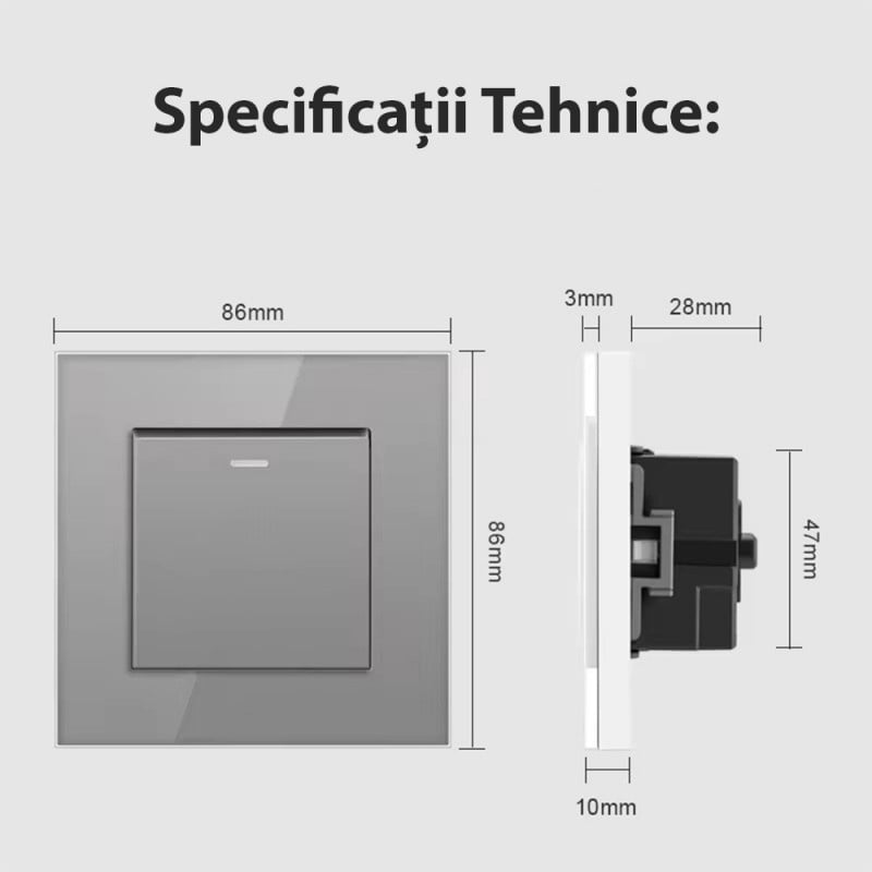 Intrerupator Cap Scara Cu Panou Din Sticla Securizata Techstar® TGS 01, 220V, 16A, 86 X 86 Mm, Gri, cu 1 Modul - 1 | YEO