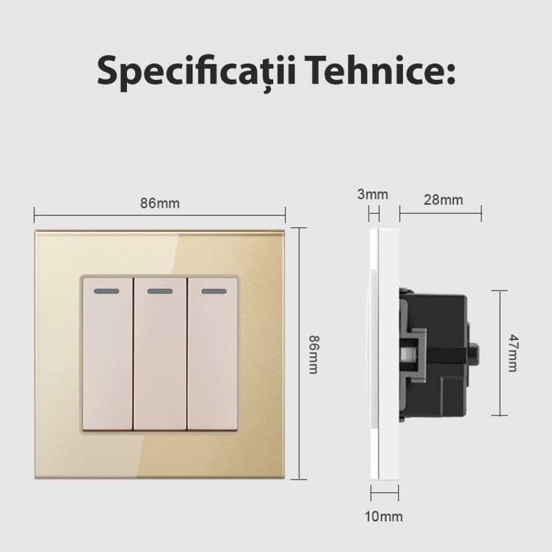 Intrerupator Triplu Cap Scara Cu Panou Din Sticla Securizata Techstar® TGS 01, 220V, 16A, 86 X 86 Mm, Gri, cu 3 Faze - 1 | YEO