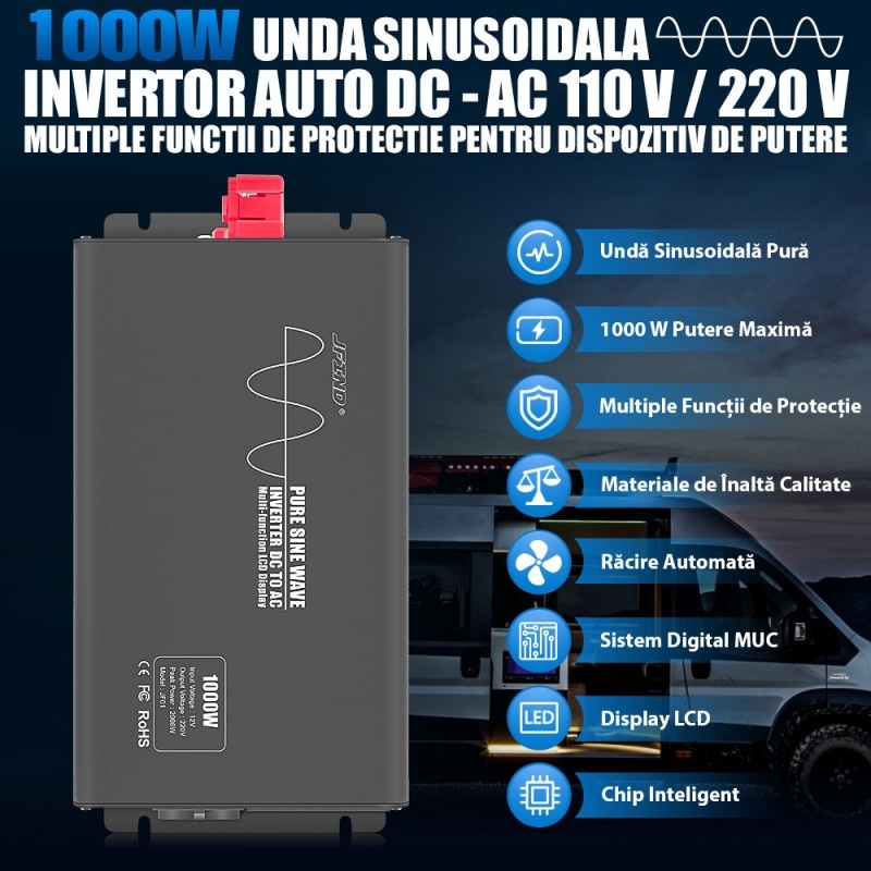Poze Invertor de putere cu undă sinusoidală pură Techstar®, DC 24V la AC 220V, Afișaj LCD, 1000w, Pretabil Rulota, Autorulota, Camper, Barca, Casa independenta, Testat Osciloscop