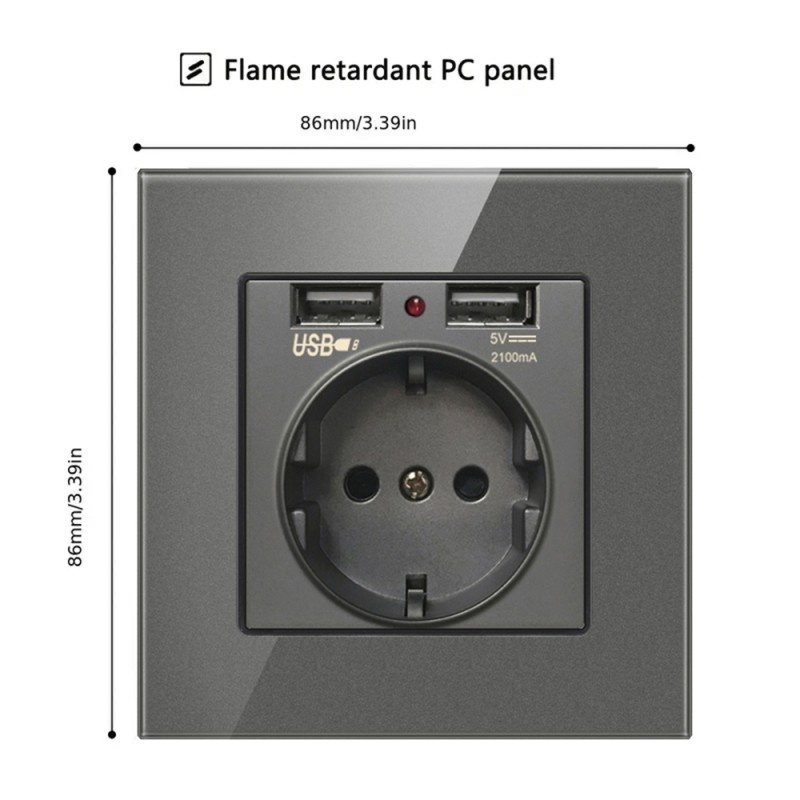 Priza de Perete cu 2 Porturi USB si Rama din Sticla Techstar® TS-GL, 110-250V, 16A, Ignifuga, 86x86mm, Gri