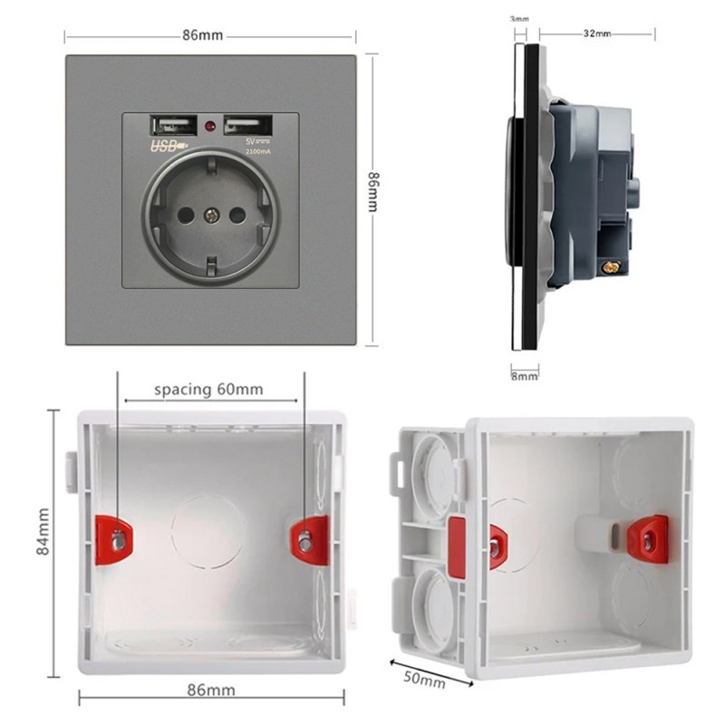 Priza de Perete cu 2 Porturi USB Techstar® TS-PC, 110-250V, 16A, Ignifuga, 86x86mm, Gri - 2 | YEO