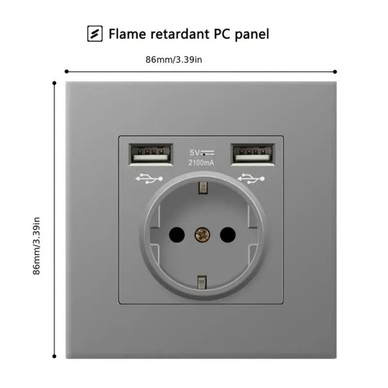 Priza de Perete cu 2 Porturi USB Techstar® TS-PC, 110-250V, 16A, Ignifuga, 86x86mm, Gri