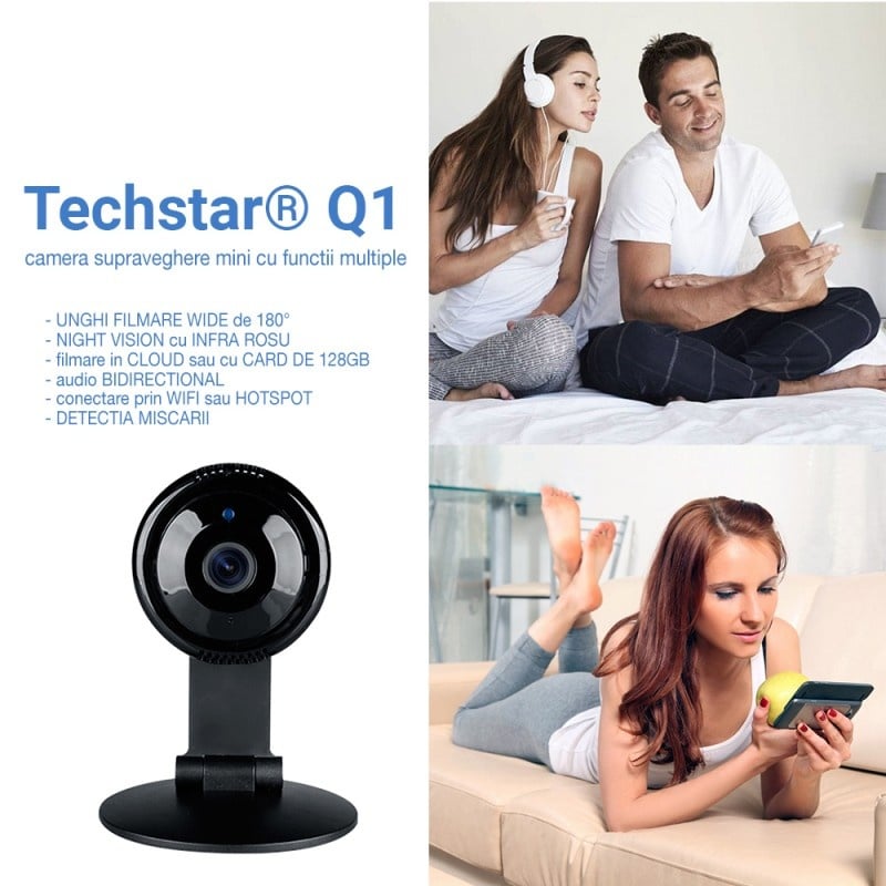 Resigilat Camera de Supraveghere IP Mini Wifi Techstar® Q1 Smart, 2 Mpx FullHD 1080P, Night Vision, IR-CUT, Detectare Miscare, Salvare Cloud sau MicroSD Card de 128gb, Conexiune Hotspot Wireless, Comunicare Audio Bidirectionala, Unghi Ultra Wide de 180° - 1 | YEO