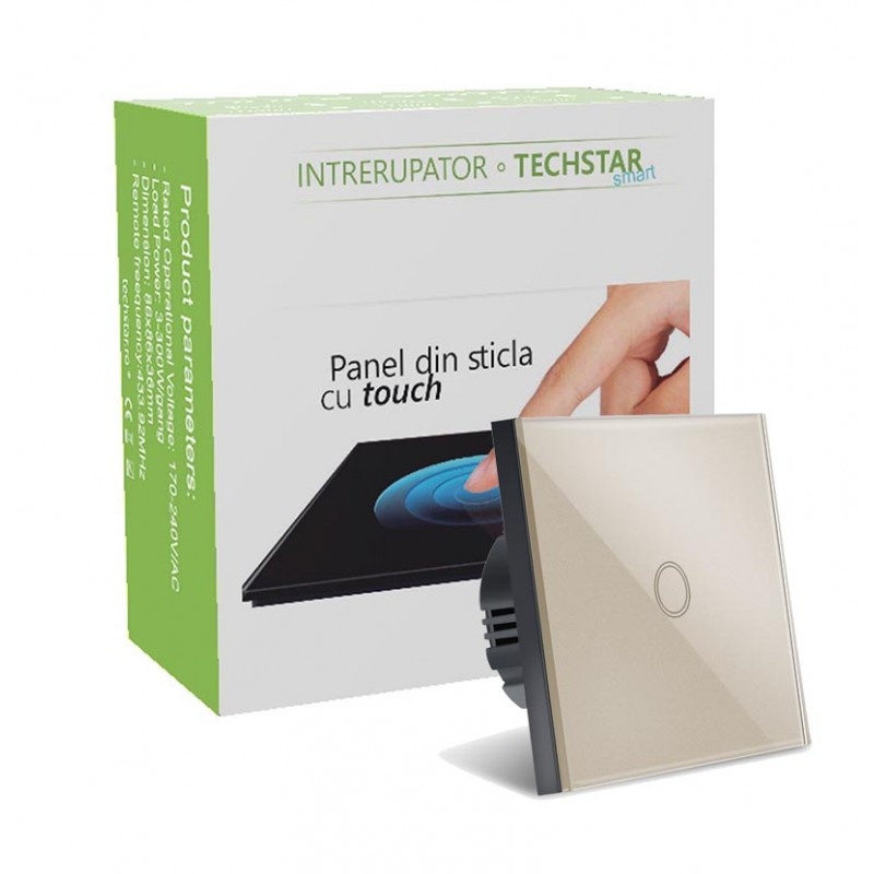 Poze Resigilat Intrerupator Smart Touch Techstar®, Wireless 2.4GHz, Sticla Securizata, Design Modern, Iluminare LED, 1 Faza, Gold