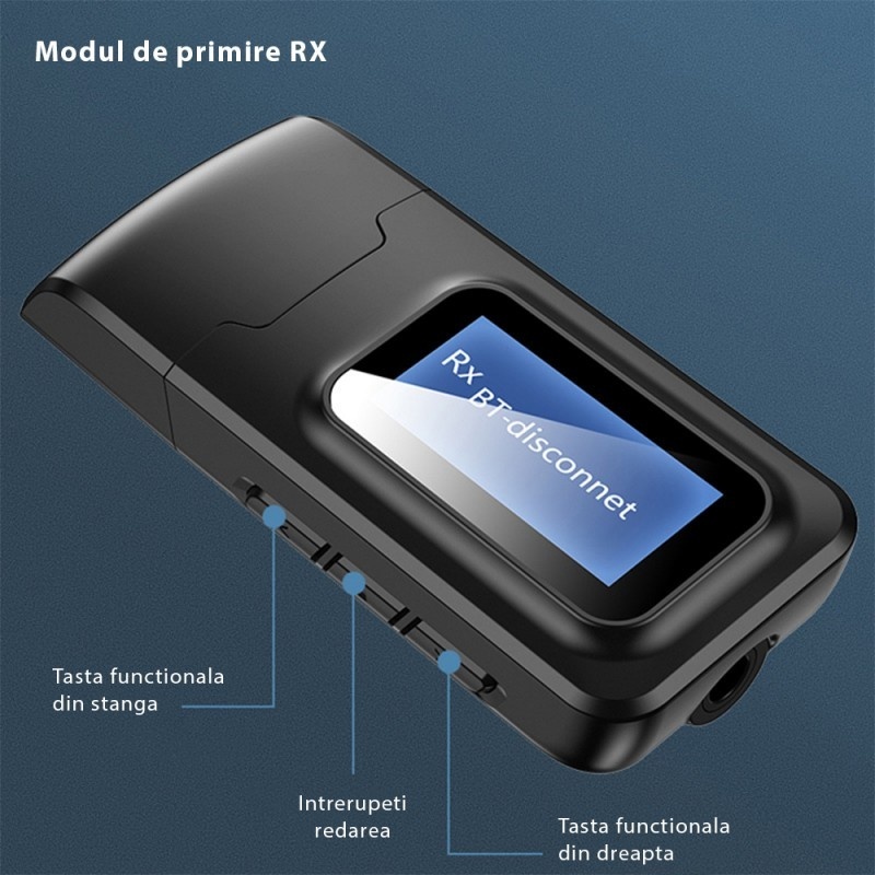 Resigilat Transmitator receptor audio 2 in 1 Techstar® OT07, Bluetooth 5.0, Afisaj LCD, Port USB, AUX 3.5 mm, Compatibil TV sau Home Cinema, Negru - 3 | YEO