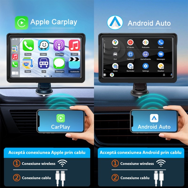Sistem Multimedia Techstar® Apple Carplay/Android 7090P, Ecran Tactil, 7 Inch 1080P Full HD, Bluetooth, Mirror Link/Card TF/USB/AUX, Negru - 1 | YEO