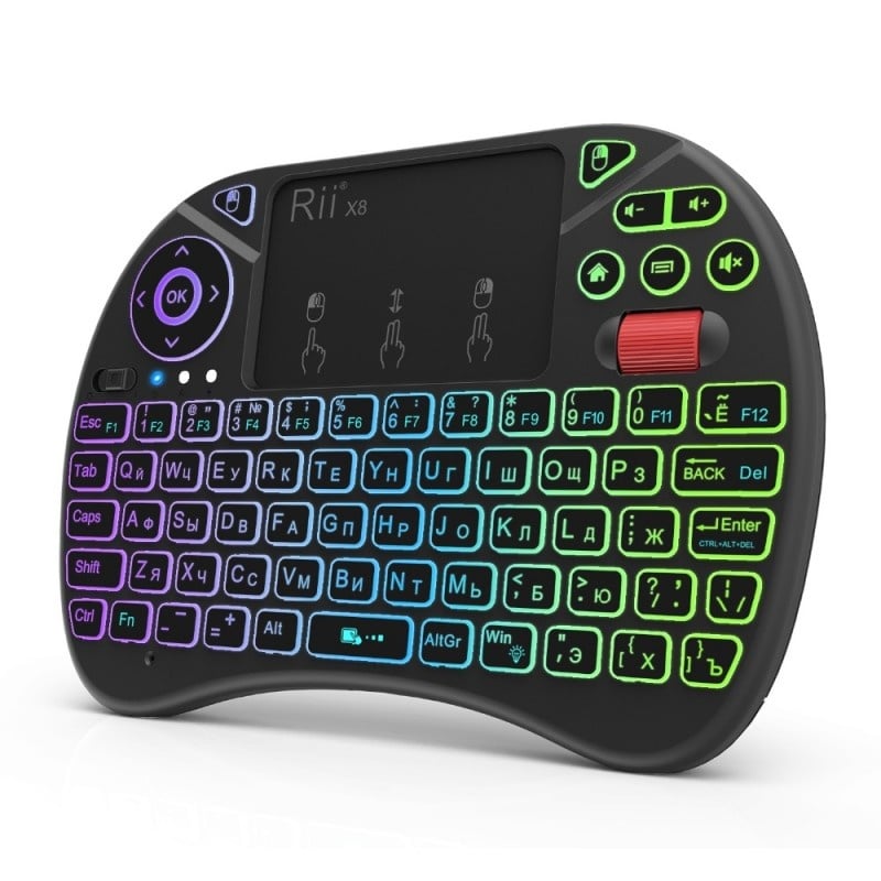 Tastatura Techstar® Rii X8, RGB, Wireless, Scroll, TouchPad, Controller, Iluminata RGB, Voce