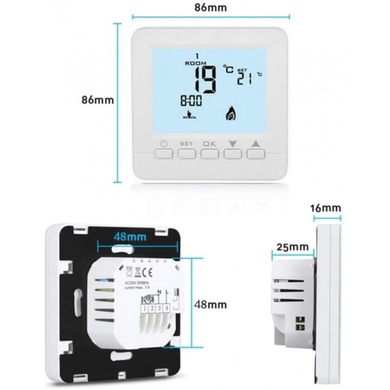 Termostat Techstar® TH-06P, Ecran Digital, Incastrabil, 3A, Incalzire cu Apa in Pardoseala, Actuatoare, Pompe, Centrala, Alimentare 220V, Alb - 3 | YEO