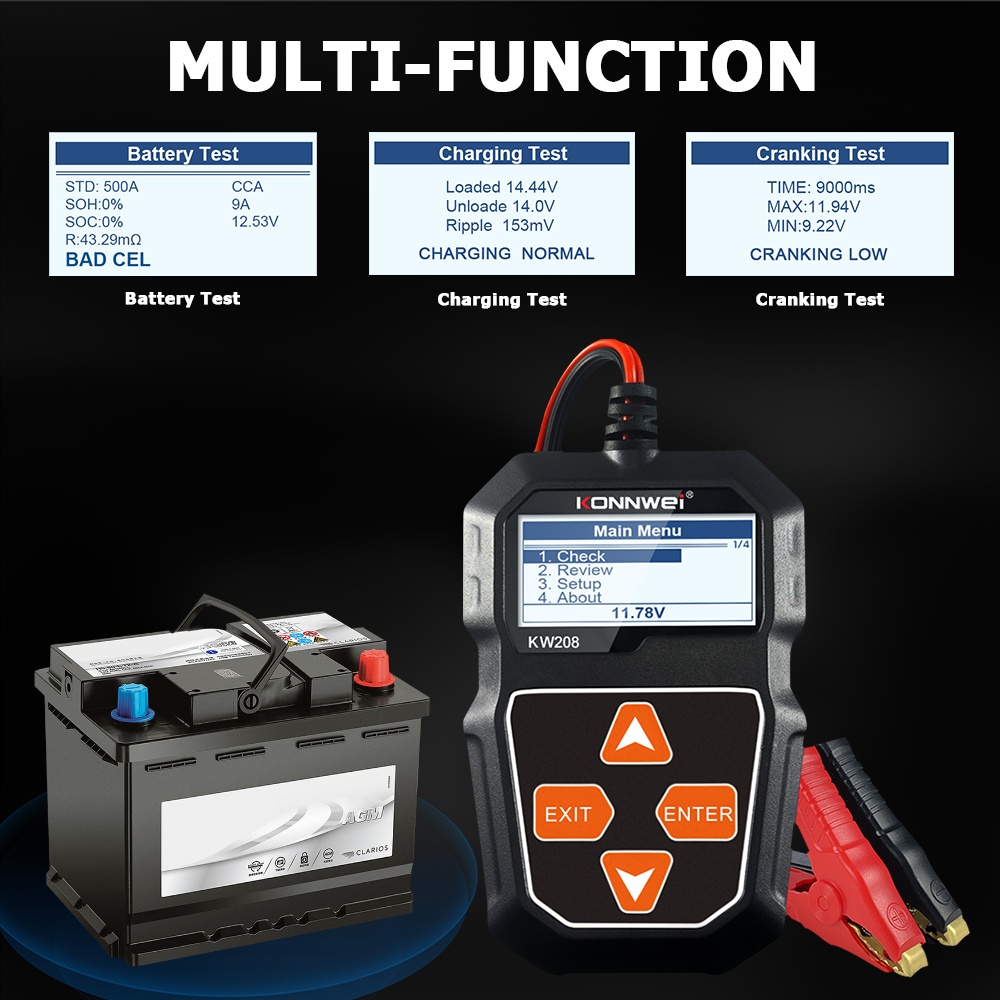Tester Baterie Alternator Auto KONNWEI KW208, 12V, Test Incarcare, Pornire, Cranking, AGM, GEL, LiFePO4, afisaj LCD
