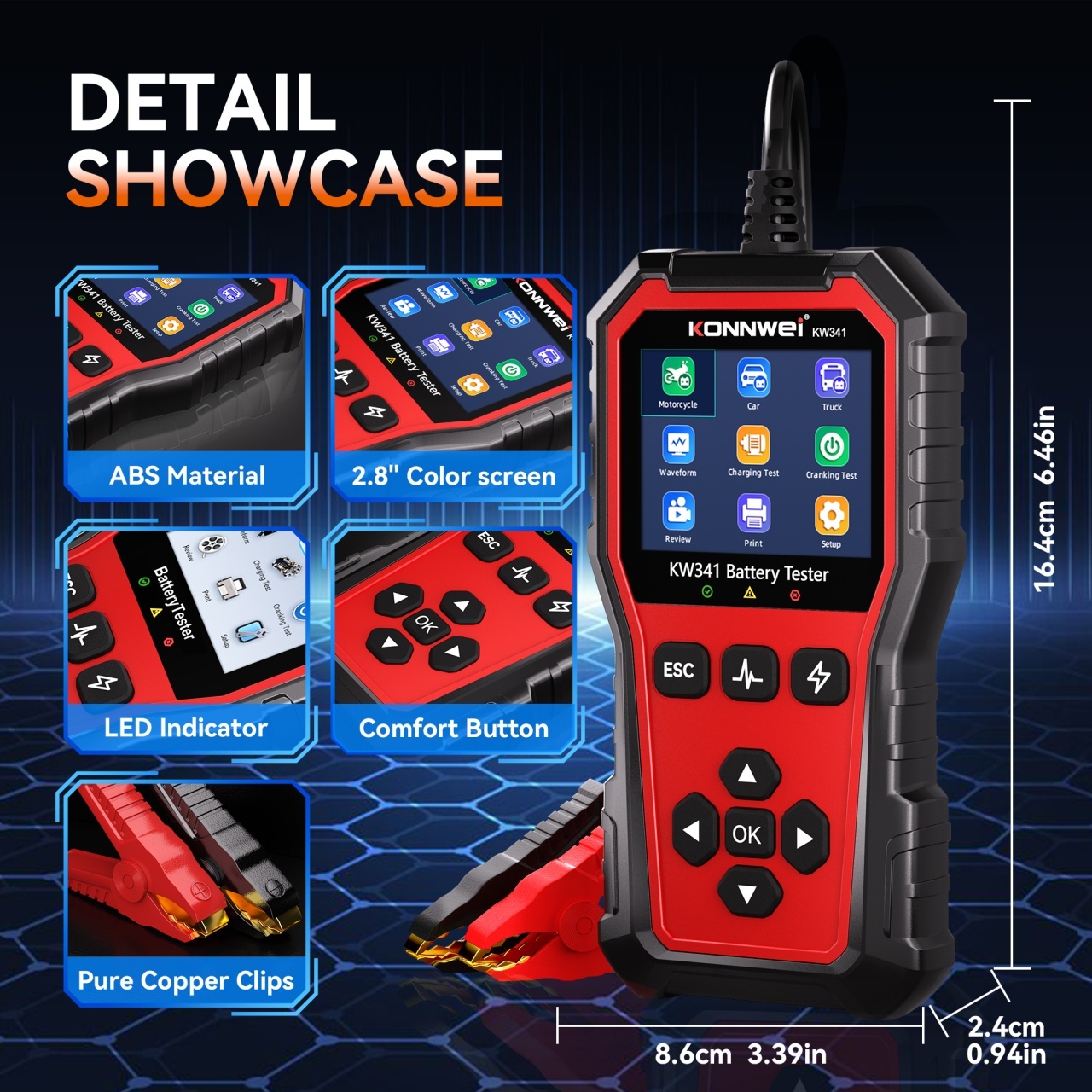Tester baterie auto KONNWEI KW341 6V 12V 24V, CCA 10–2000, SOH SOC, test alternator si pornire, AGM EFB GEL Litiu, waveform, raport QR - imagine 10