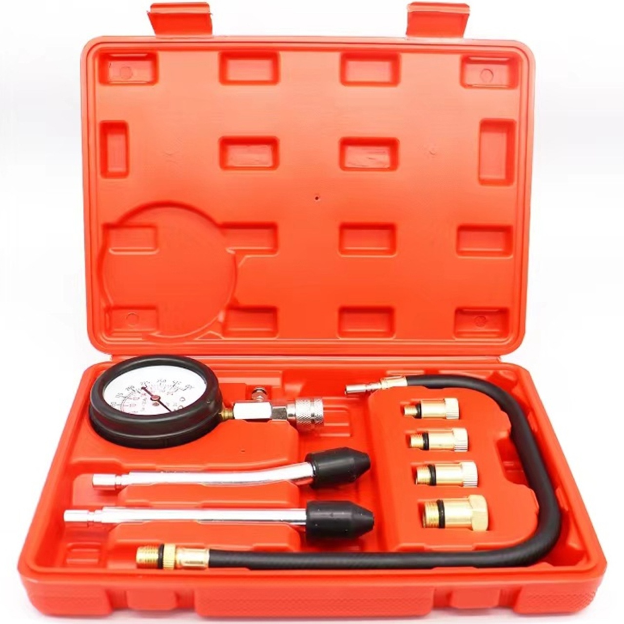 Tester compresie motor benzina Techstar, cu manometru 0-20 bar, furtun flexibil 45cm, 4 adaptoare filetate M10 M12 M14 M18 si 2 adaptoare conice universale