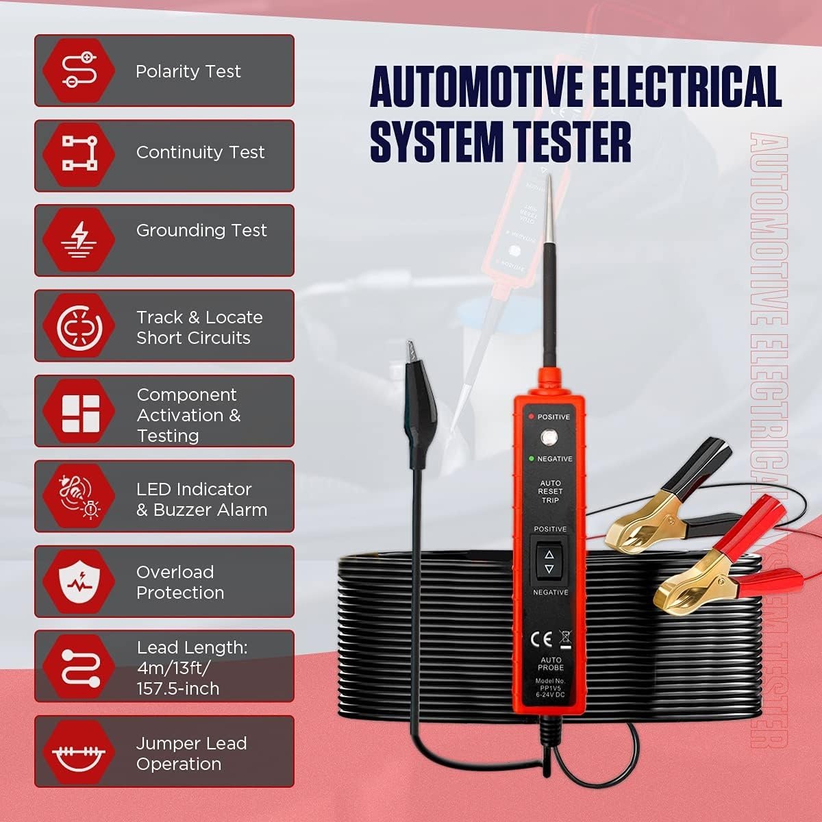 Tester Multifunctional Techstar® Portabil pentru Circuite Auto 6V-24V DC cu Cablu de 5 metri, Protectie la Suprasarcina 8A și Test de Polaritate - 2 | YEO